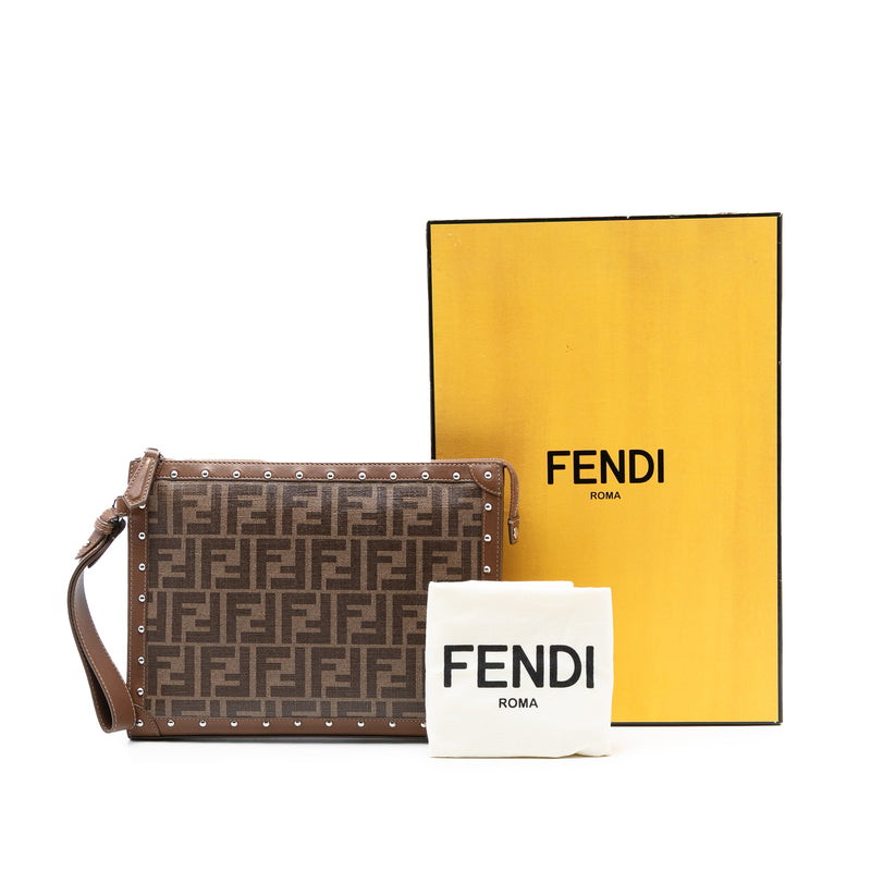 Studded Leather Trimmed Zucca Coated Canvas Clutch - Image 8