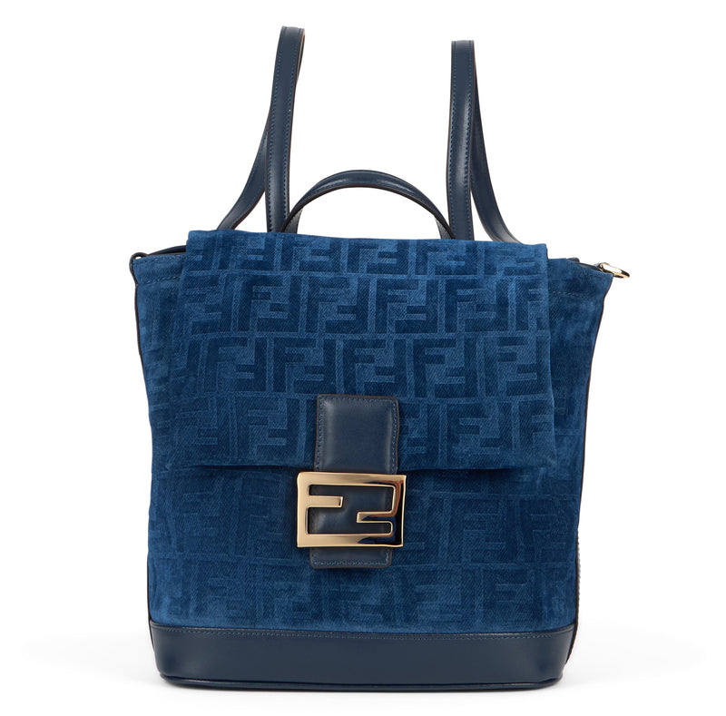Fendi Ff Buckle Velvet Backpack — Blue Cotton