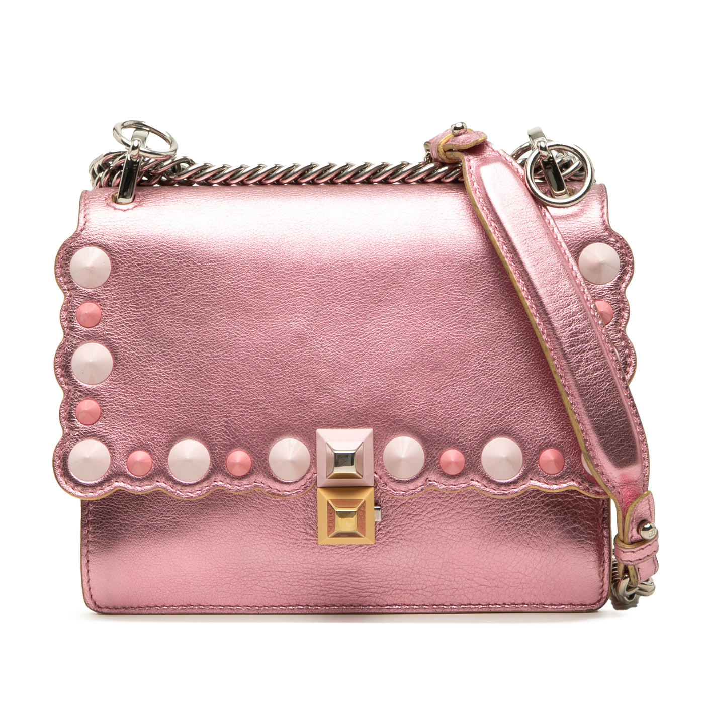 Small Metallic Scalloped Leather Studded Pearl Kan I Crossbody - Image 1