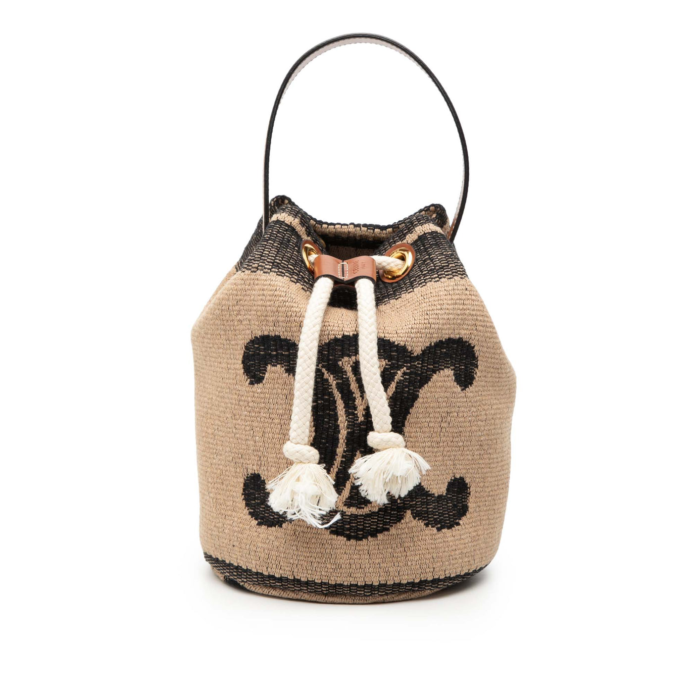 Small Triomphe Raffia Drawstring Bucket Bag - Image 1