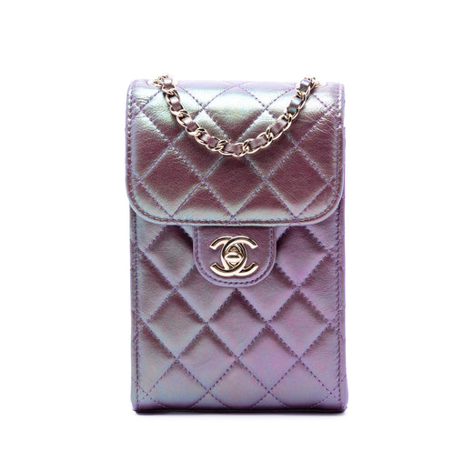 CC Quilted Iridescent Lambskin Phone Holder with Chain - Image 1