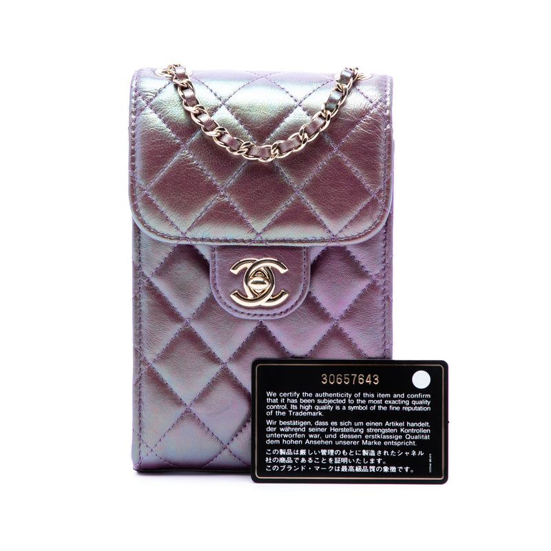 CC Quilted Iridescent Lambskin Phone Holder with Chain - Image 7