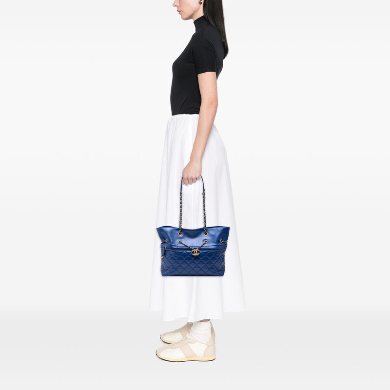 CC Calfskin Front Zip Drawstring Chain Tote - Image 7