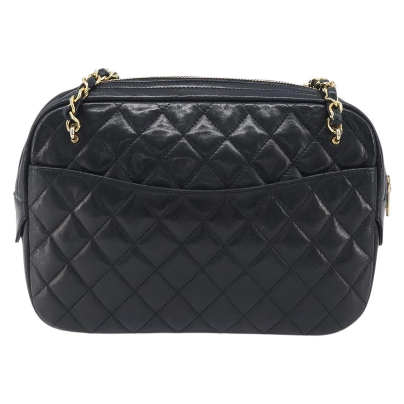 Chanel Vintage Front Pocket Camera Chevron Lambskin Black Leather Bag