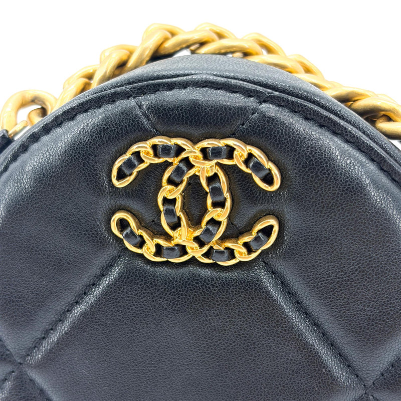 Chanel 19 Round Clutch With Chain Quilted Leather Black