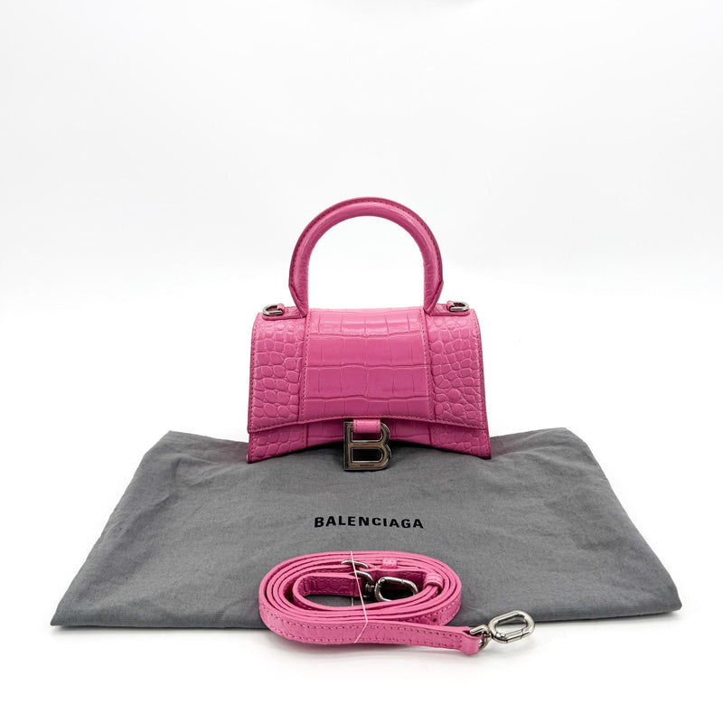 Balenciaga Hourglass Top Handle Crocodile Embossed Leather Pink Bag