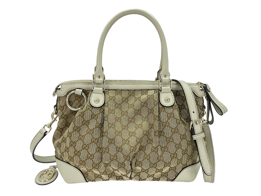 Gucci Sukey Top Handle Satchel Gg Canvas With Leather Beige
