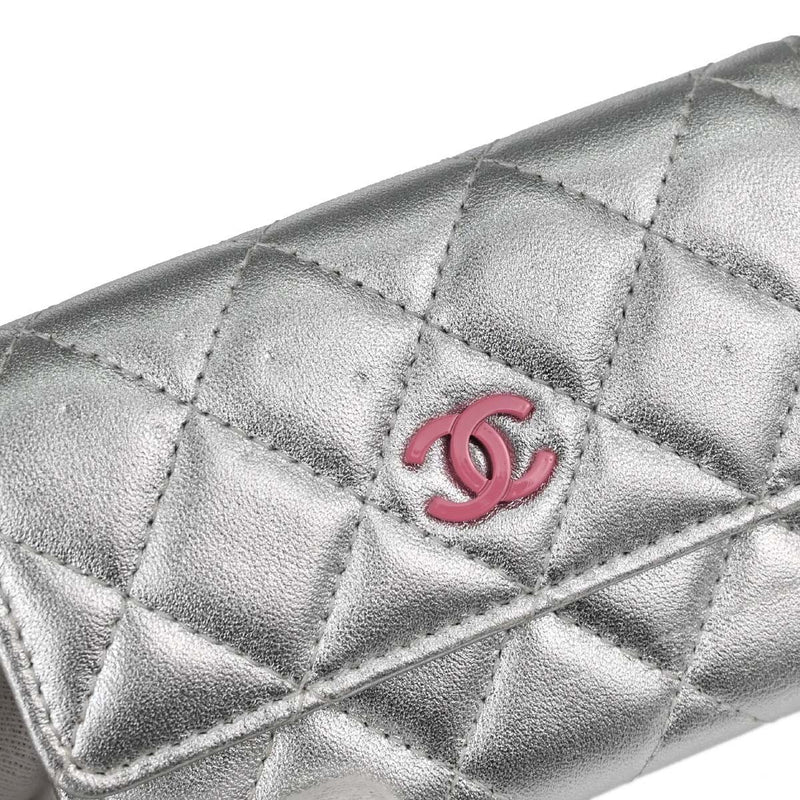 Chanel Cc Flap Card Case Quilted Lambskin Silver Leather Accessory