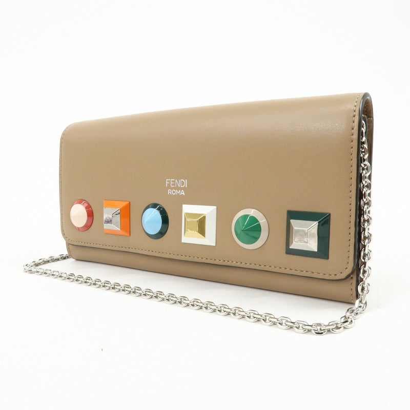 Fendi Continental Wallet On Chain Studded Leather Beige Bag