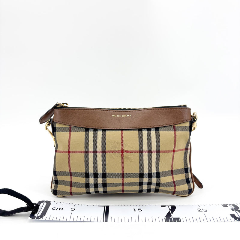 Burberry Peyton Crossbody Clutch Haymarket Coated Canvas Brown
