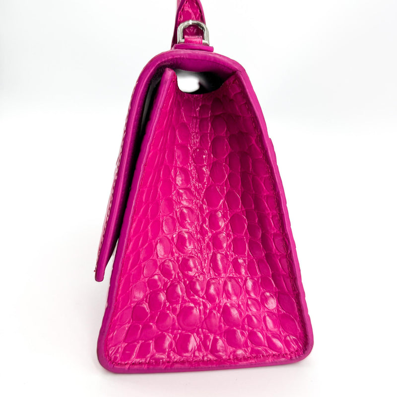 Balenciaga Hourglass Top Handle Crocodile Embossed Leather Pink Bag
