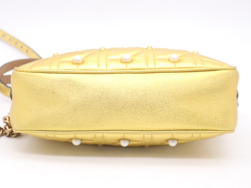 Gucci Pearly Gg Marmont Embellished Matelasse Leather Gold Bag