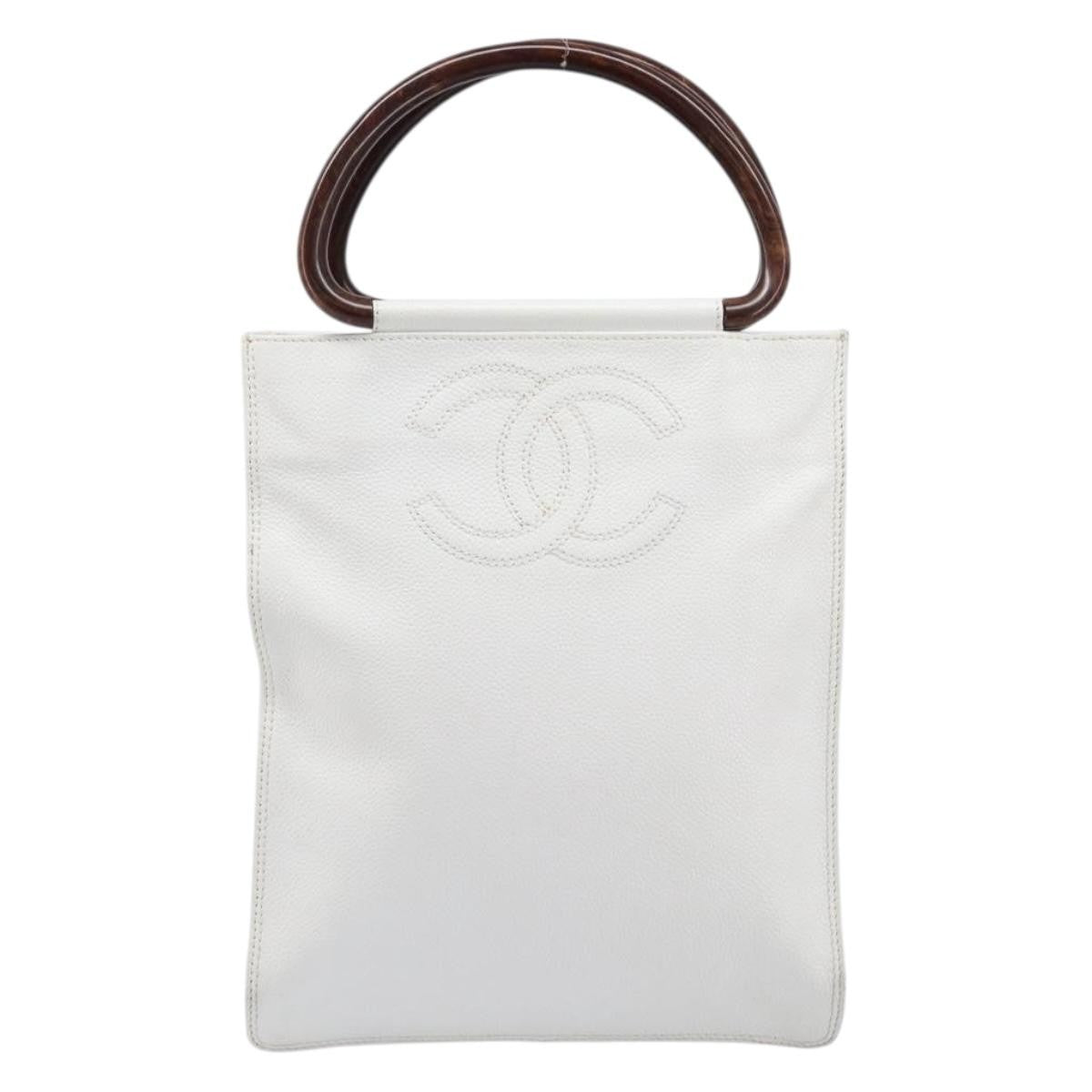 Chanel Vintage Wooden Quilted Caviar White Leather Bag