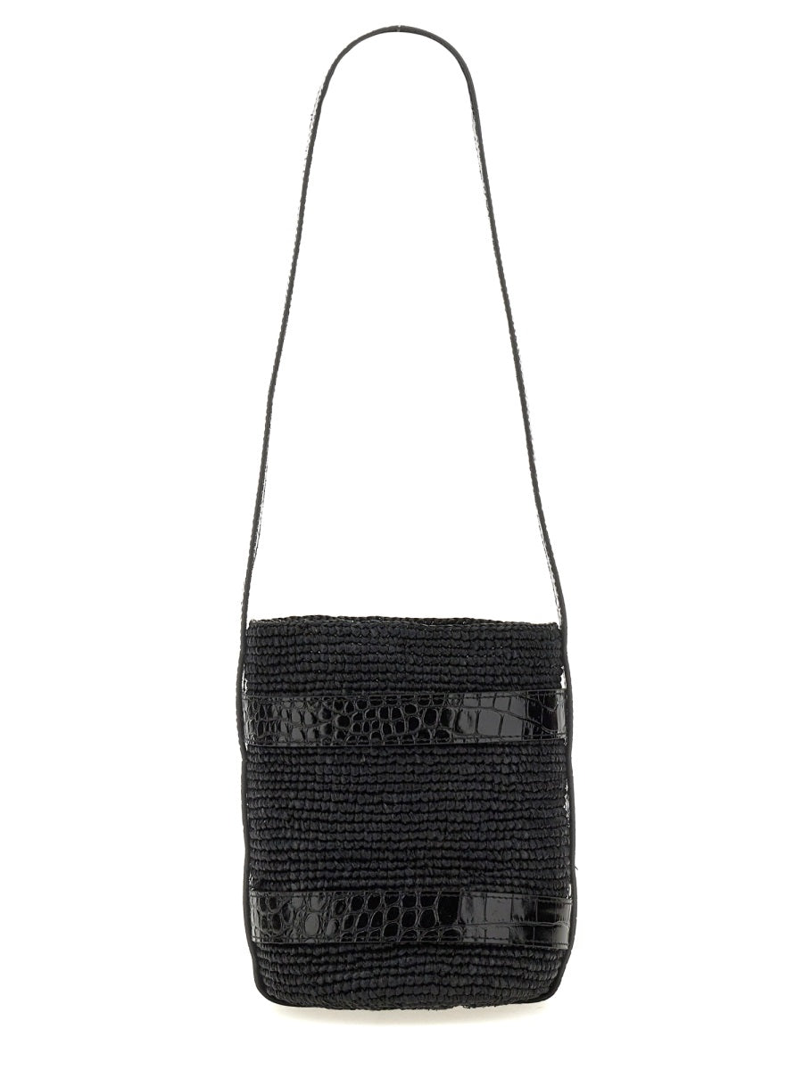 Manebi Natural Raffia Bucket Bag — Black