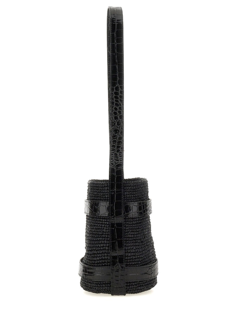 Manebi Natural Raffia Bucket Bag — Black