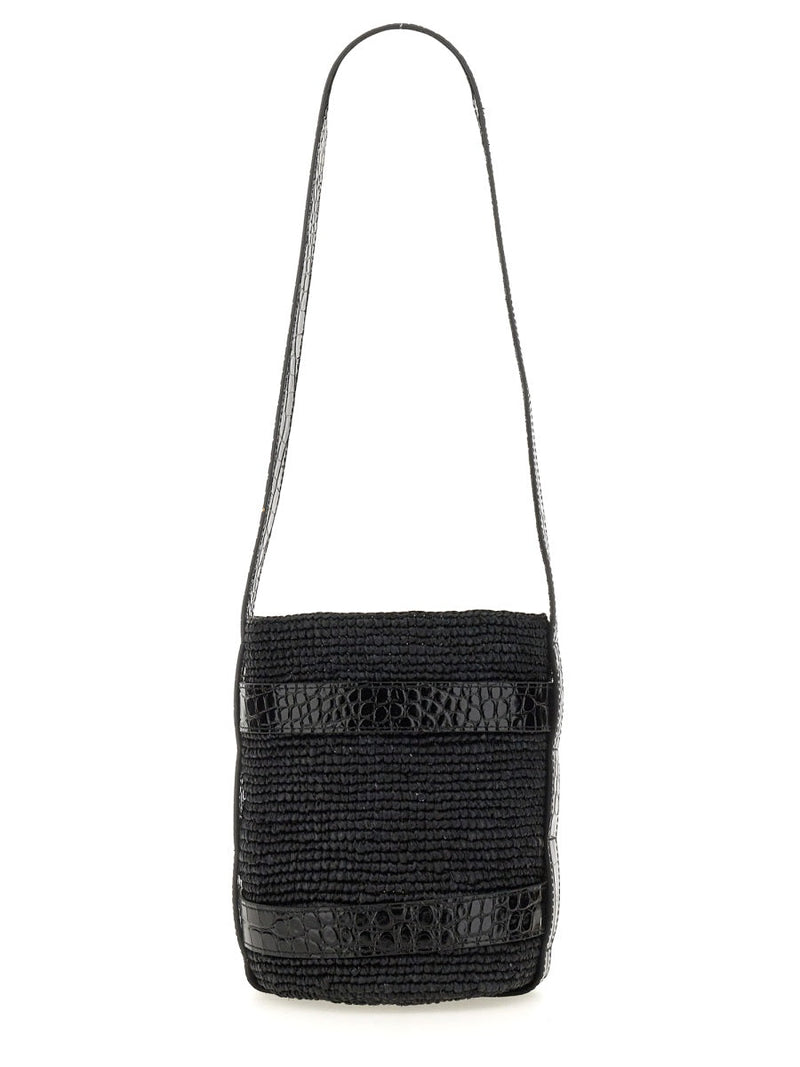 Manebi Natural Raffia Bucket Bag — Black