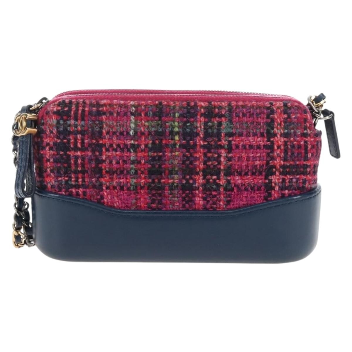 Chanel Gabrielle Double Zip Clutch With Chain Quilted Tweed Pink