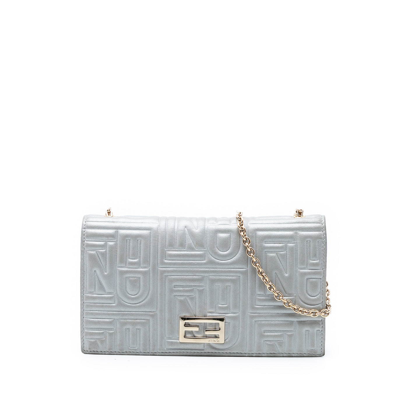 Metallic Embossed Nappa Logo Chain Clutch - Image 1