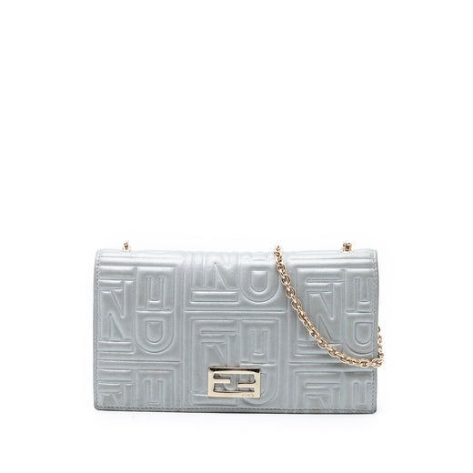 Metallic Embossed Nappa Logo Chain Clutch - Image 1