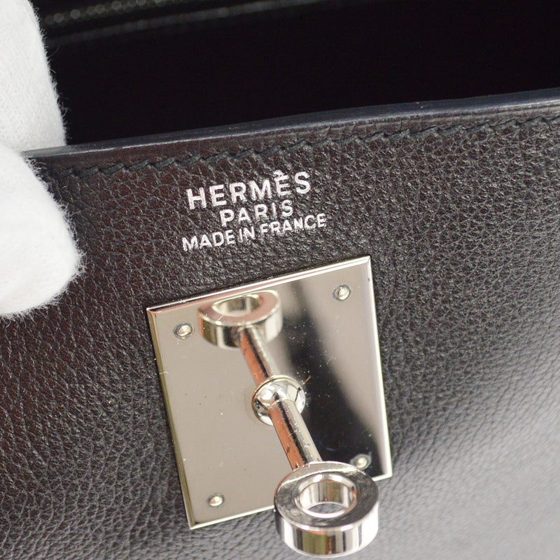 Hermes Kelly Black Evercalf With Palladium Hardware Leather Bag