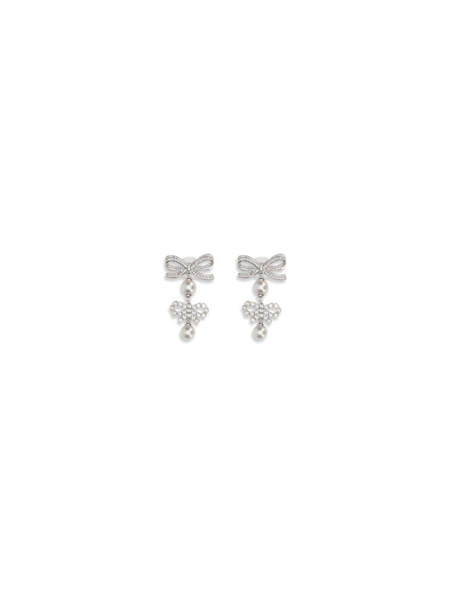 Self-Portrait Double Bow Pearl Earrings — Silver Brass