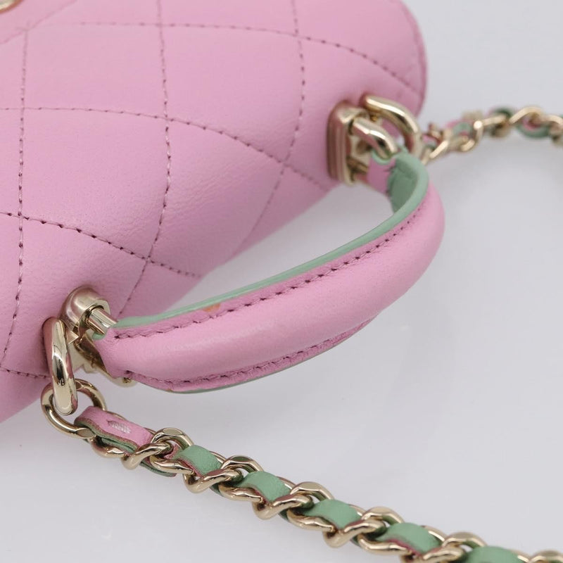 Chanel Square Classic Flap Top Handle Clutch With Chain Quilted Lambskin Pink Leather
