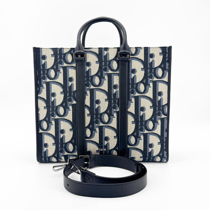 Christian Dior Book Tote With Strap Oblique Canvas Black
