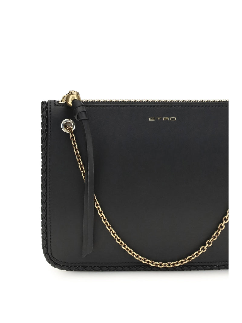 Etro Braided-Edge Calf Leather Crossbody Clutch — Black