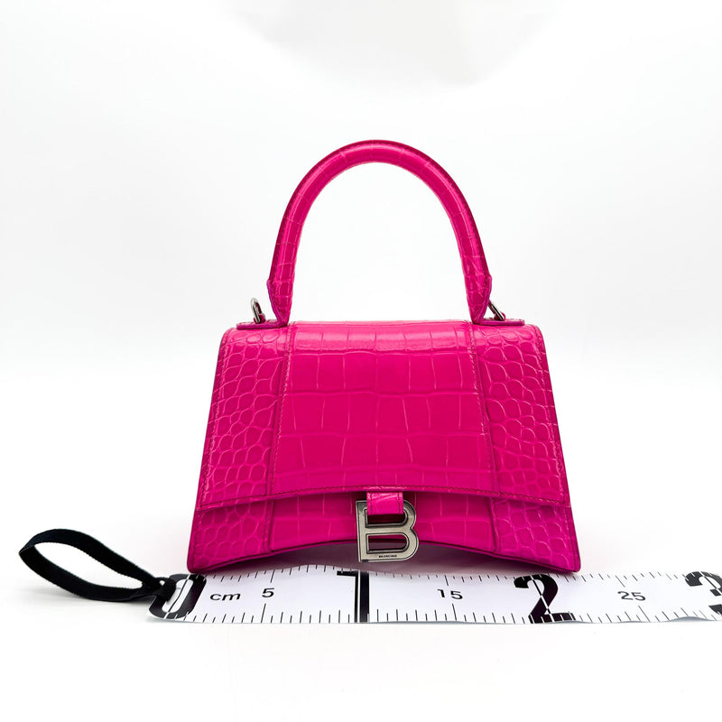 Balenciaga Hourglass Top Handle Crocodile Embossed Leather Pink Bag