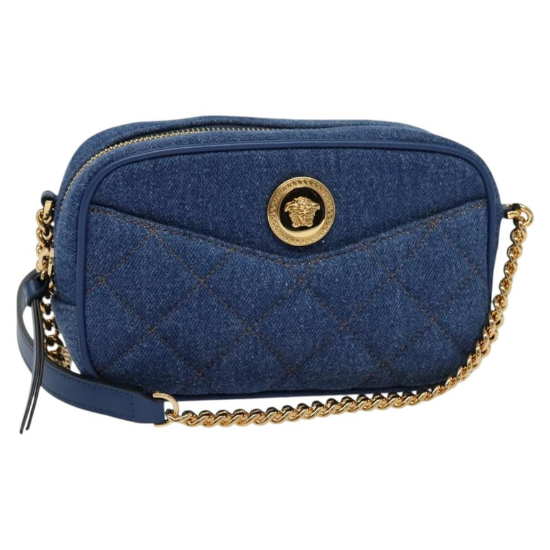 Versace Medusa Icon Front Slip Pocket Camera Quilted Denim Blue Canvas Bag