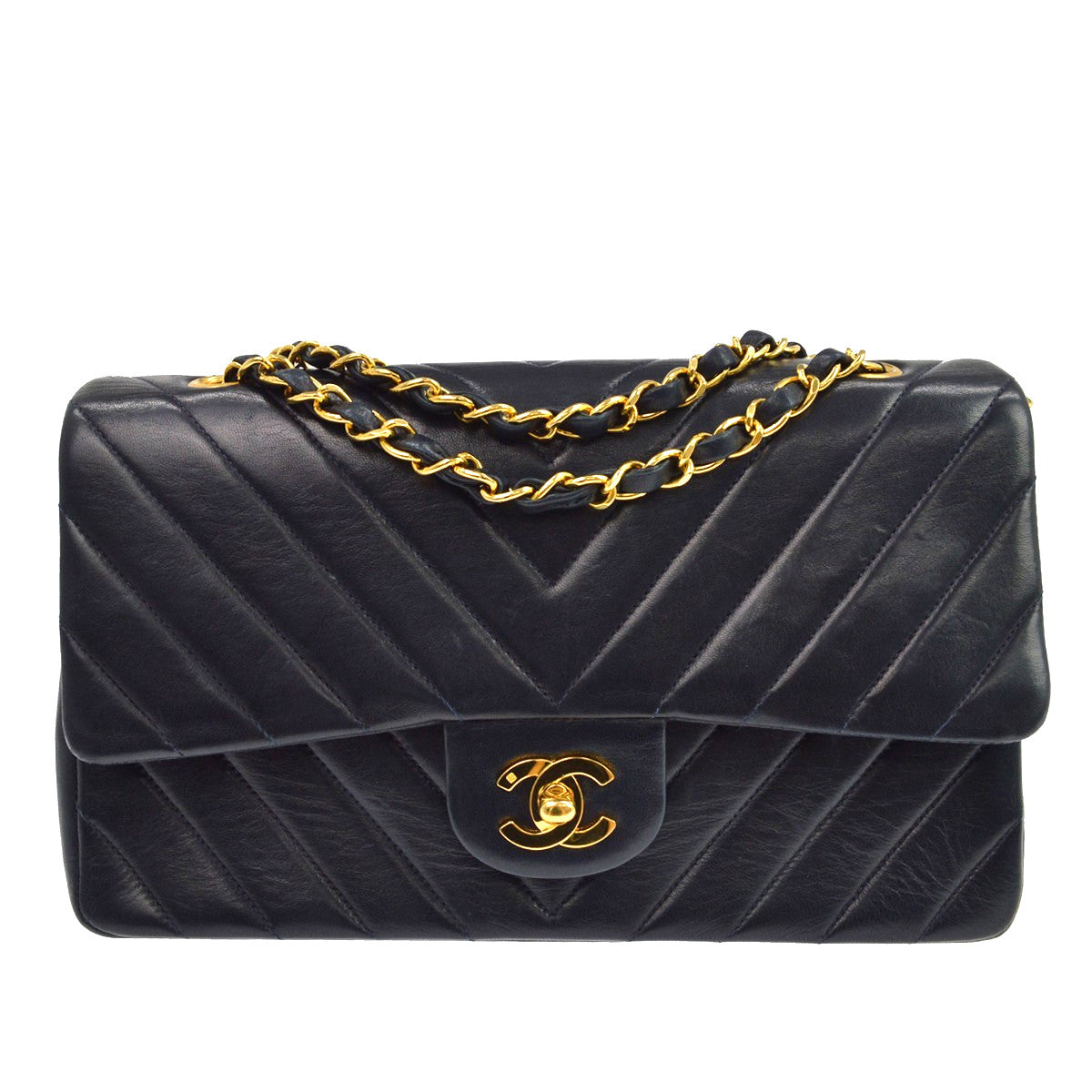 Chanel Vintage Classic Double Flap Chevron Lambskin Black Leather Bag