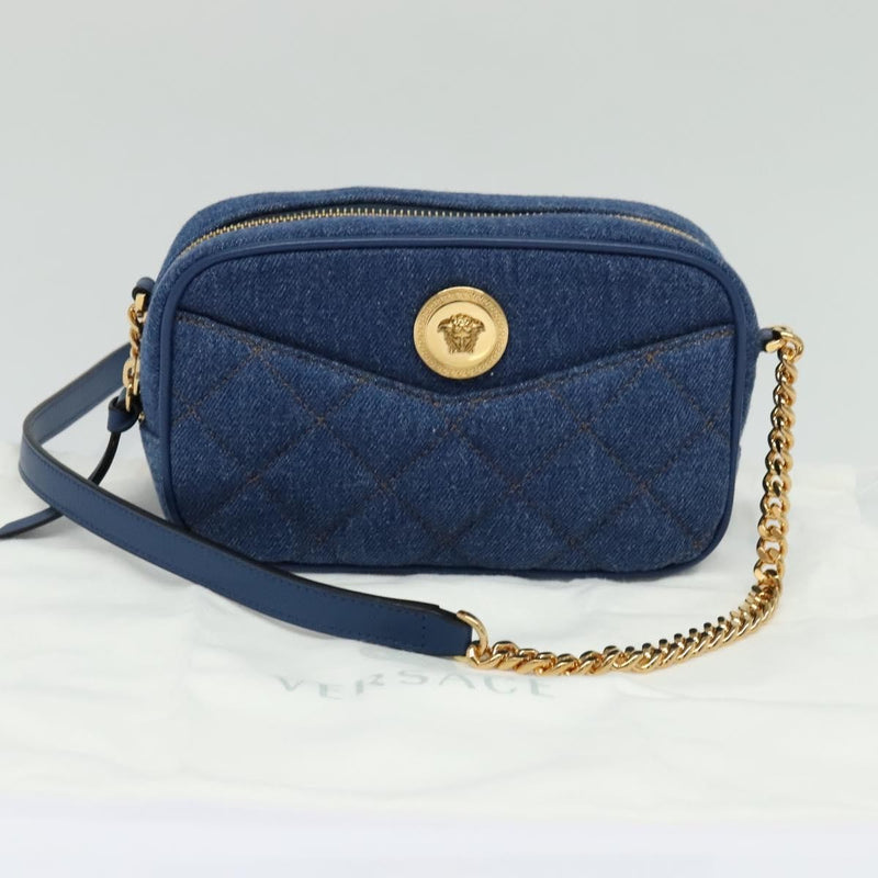 Versace Medusa Icon Front Slip Pocket Camera Quilted Denim Blue Canvas Bag