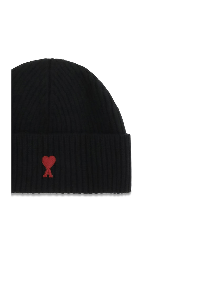 Ami Paris Bfuha116018 Beanie — Black Merino Wool Ovis Aries Beanies
