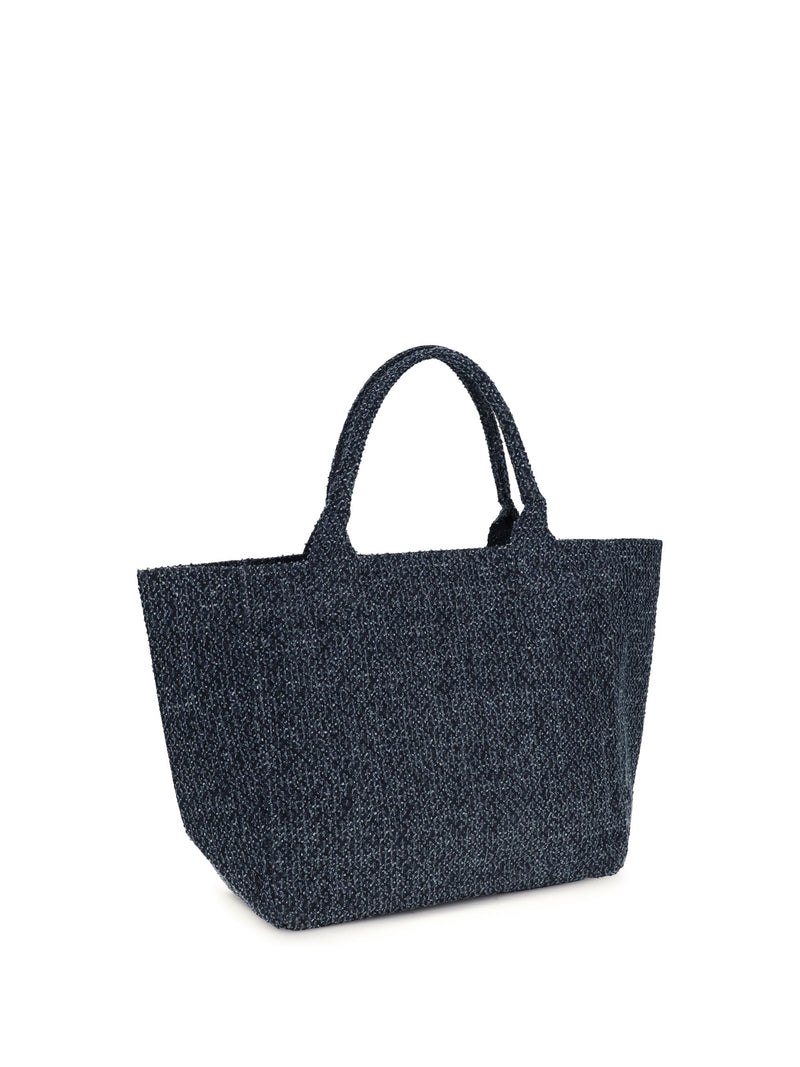 Ganni Bear-Embroidered Denim Tote Bag — Blue Cotton