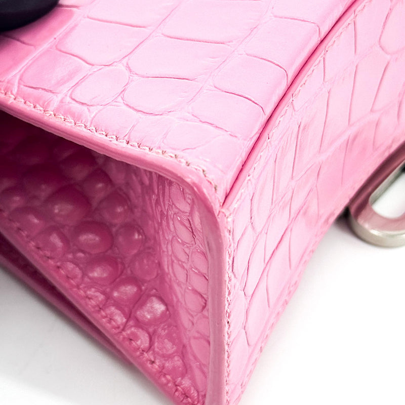 Balenciaga Hourglass Top Handle Crocodile Embossed Leather Pink Bag