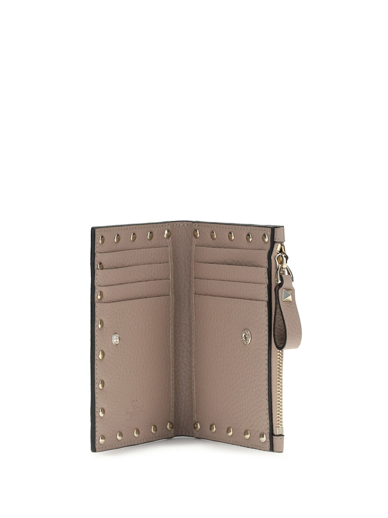 Valentino Garavani Rockstud Zip Wallet — Beige Calf Leather Bos Taurus