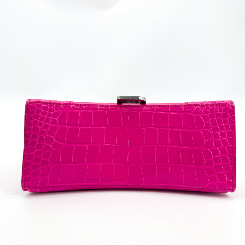 Balenciaga Hourglass Top Handle Crocodile Embossed Leather Pink Bag
