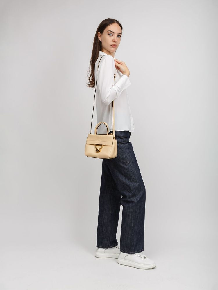 Coccinelle Grained Leather Top Handle Bag — Beige Cowhide