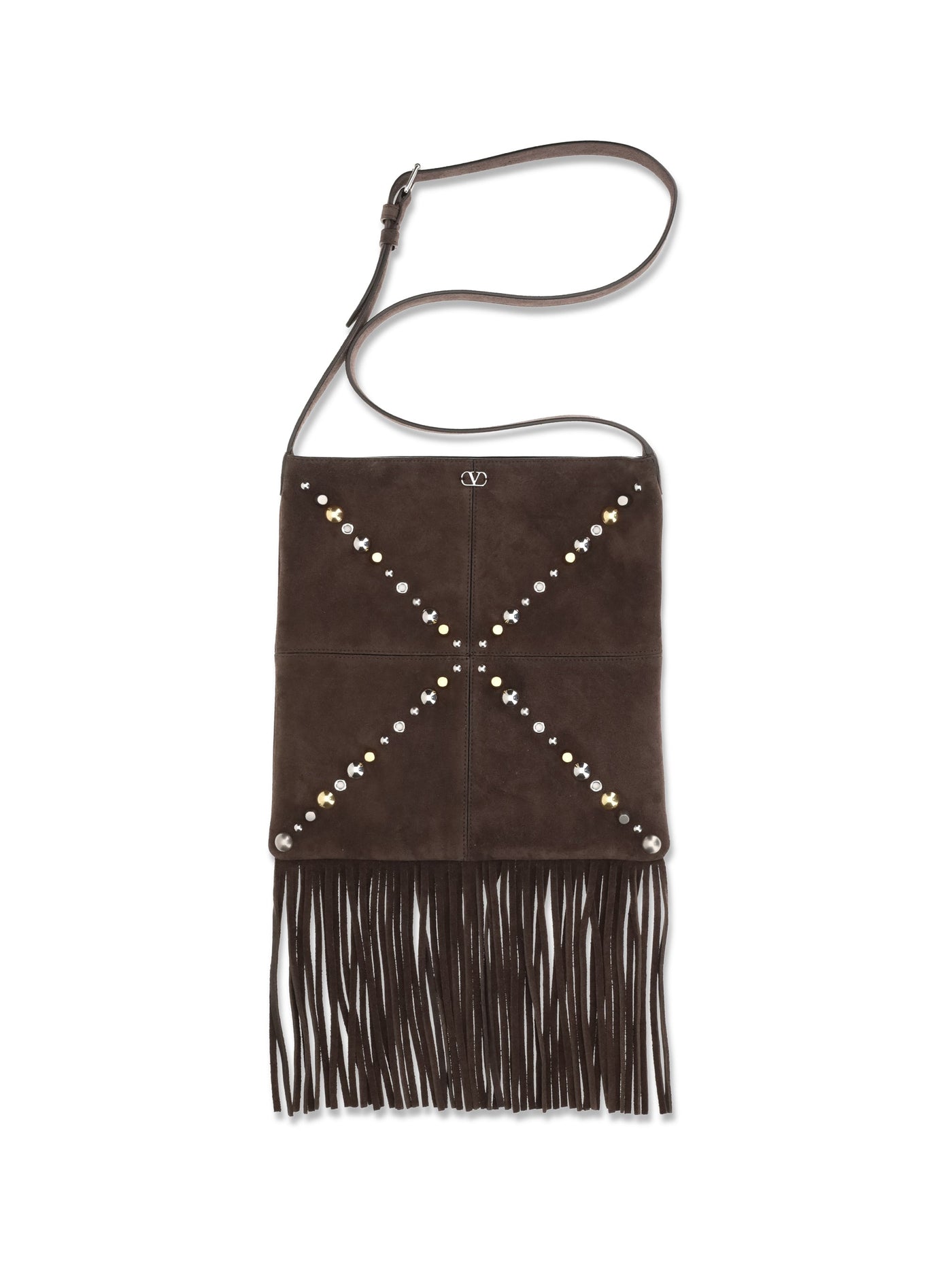 Valentino Garavani Studded Suede Shoulder Bag — Brown Calf Leather Bos Taurus