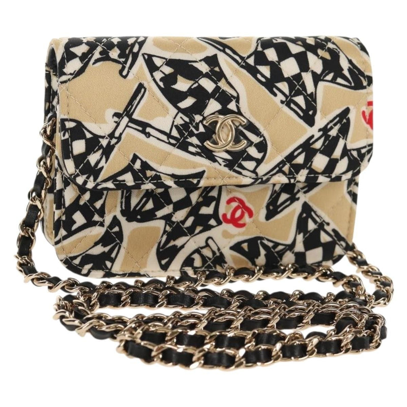 Chanel Flap Card Holder On Chain Quilted Printed Canvas Beige Satin Bag