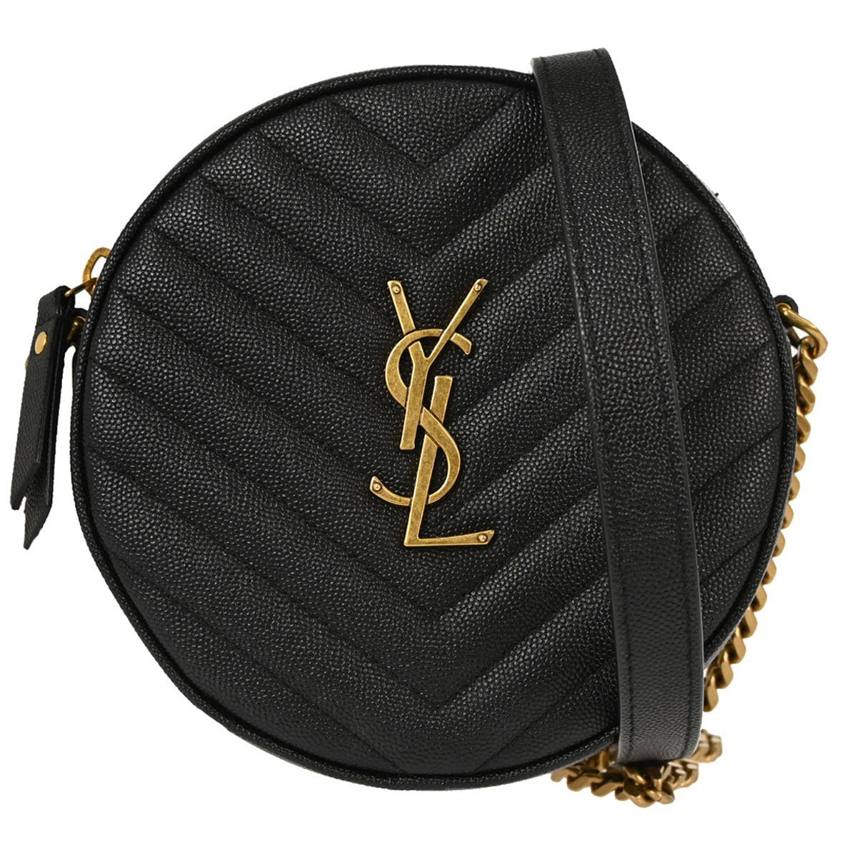 Saint Laurent Vinyle Round Belt Matelasse Chevron Leather Black Bag