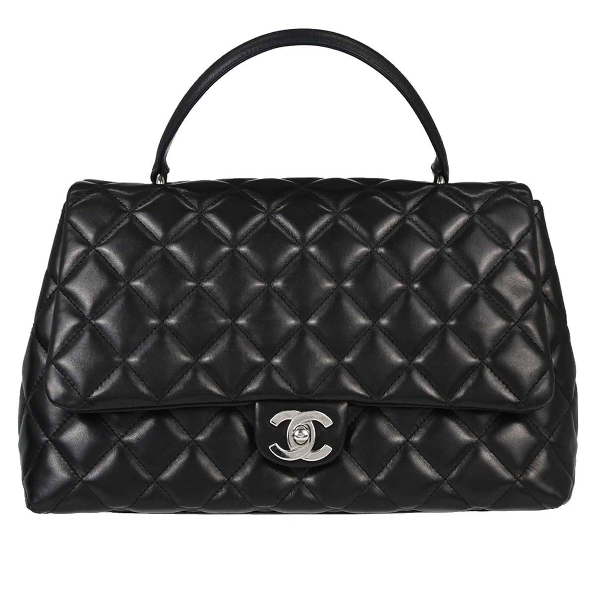 Chanel Vintage Classic Top Handle Flap Quilted Lambskin Black Leather Bag