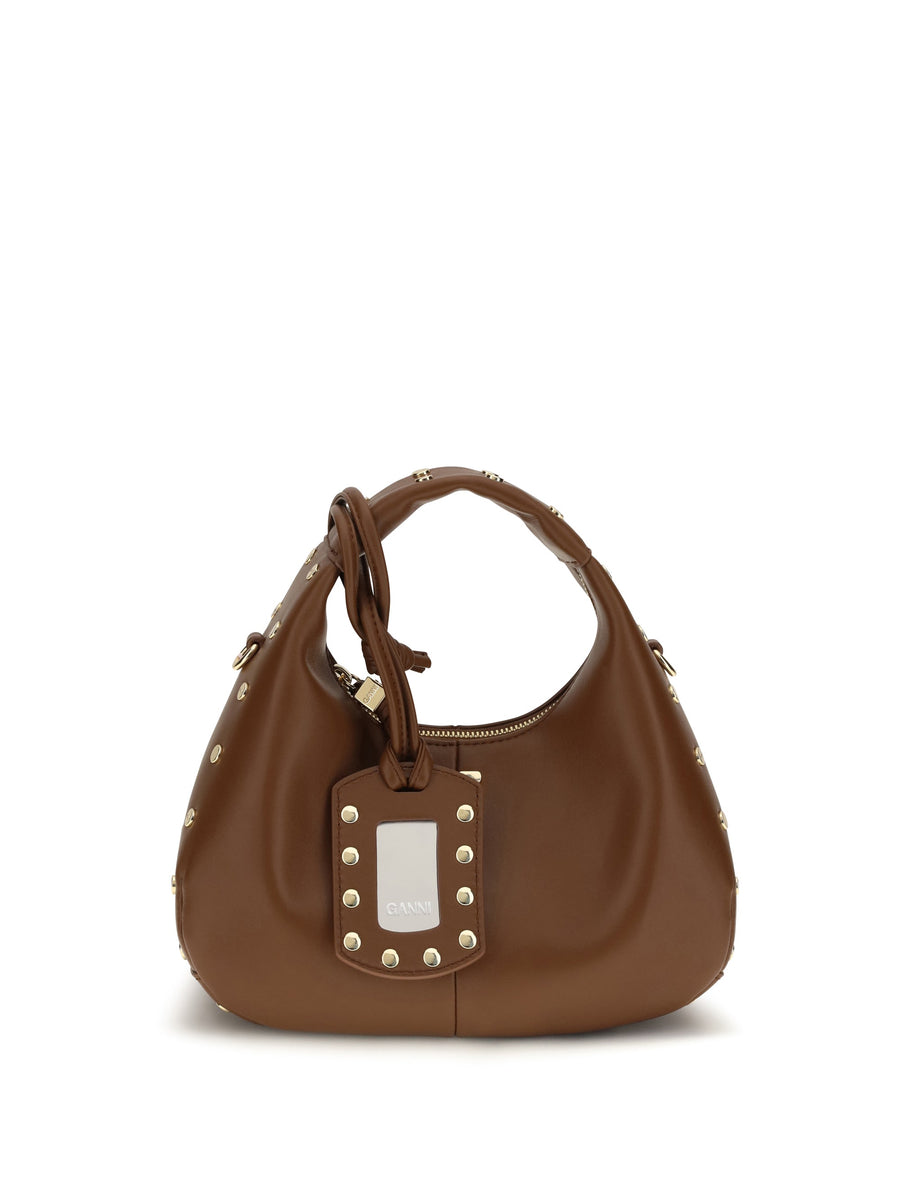 Ganni Studded Lambtouch Hobo Bag — Brown
