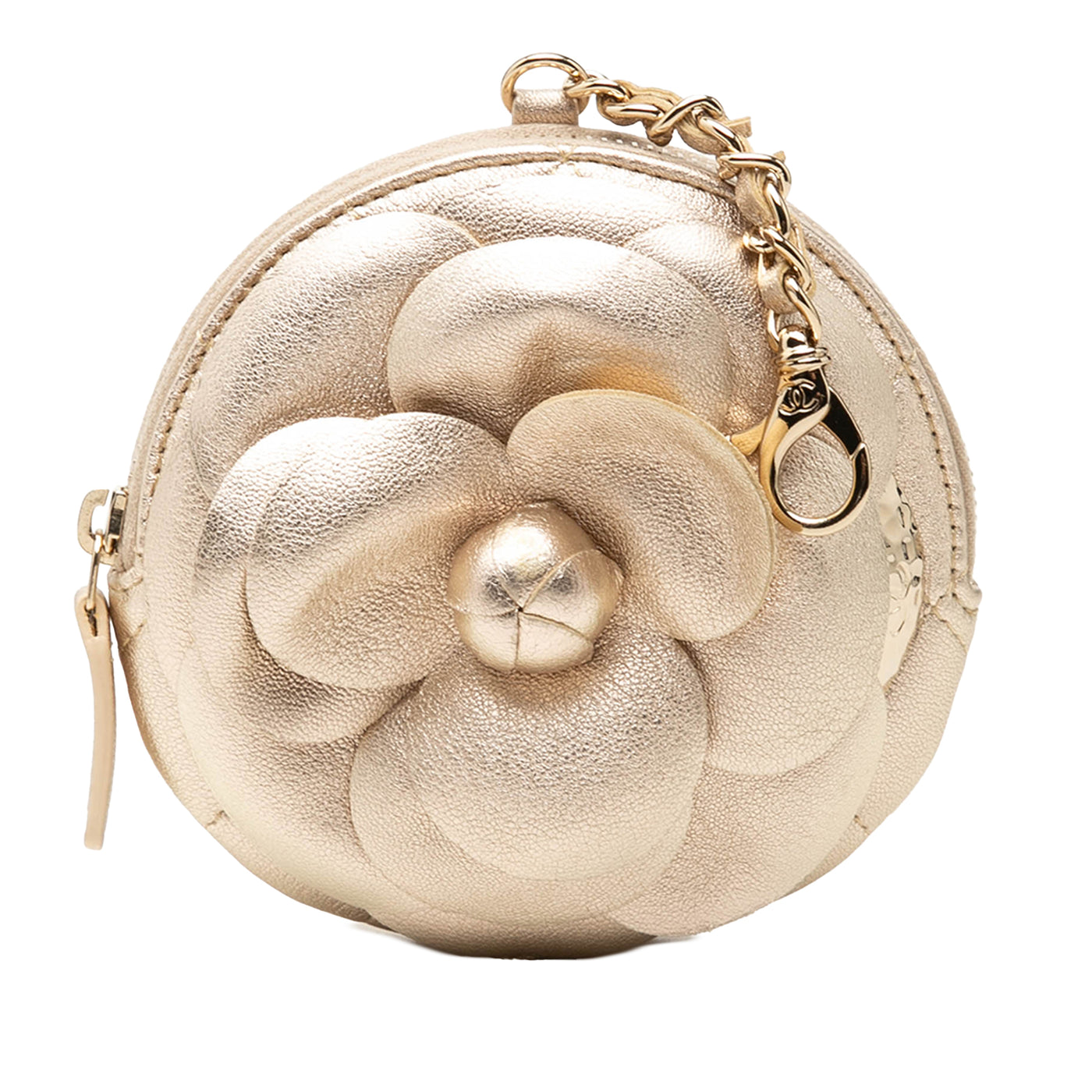 Mini CC Metallic Lambskin Camellia Bouquet Round Zip Coin Pouch - Image 1