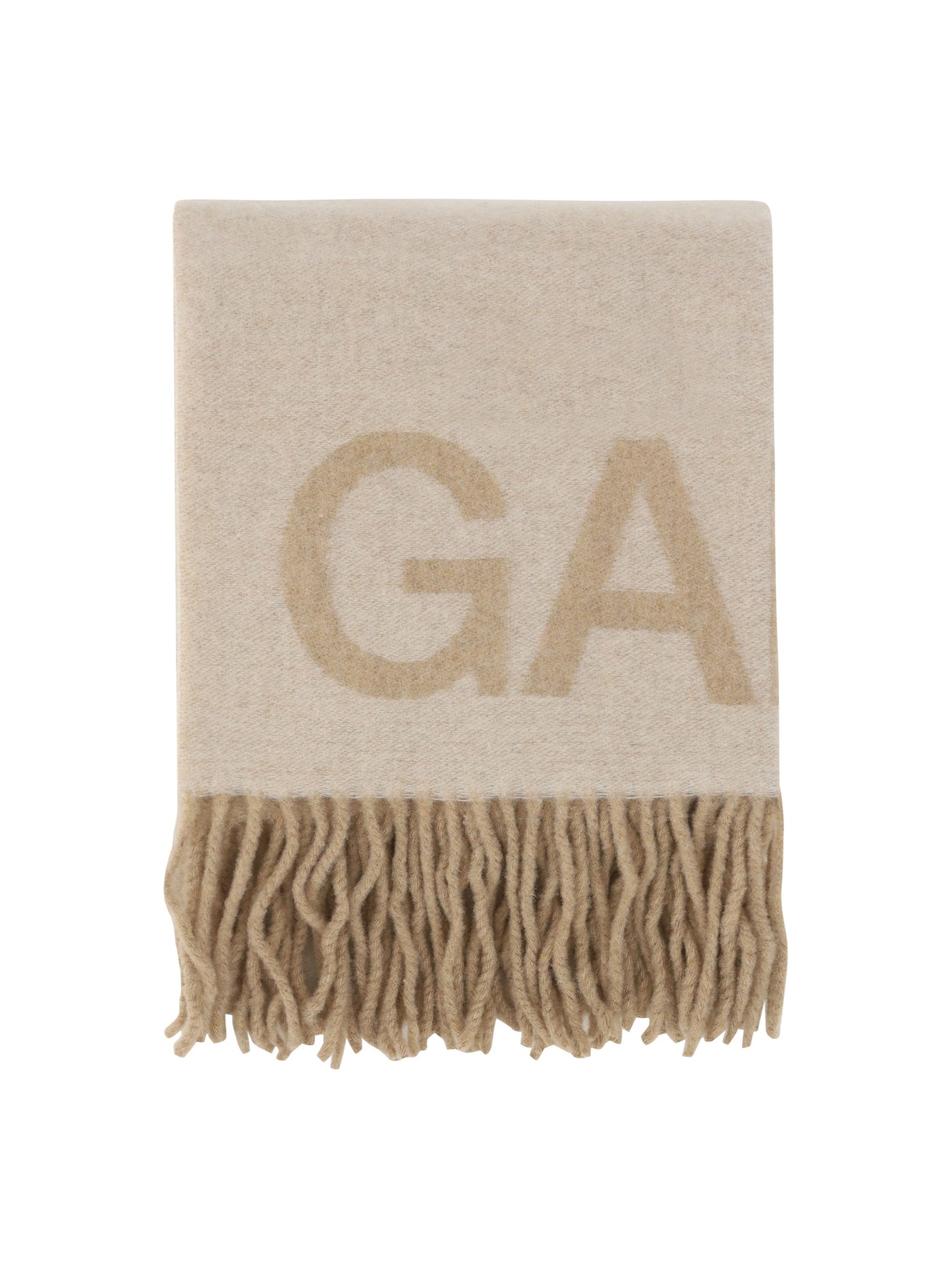 Ganni Logo-Embroidered Wool Scarf — Beige Scarfs