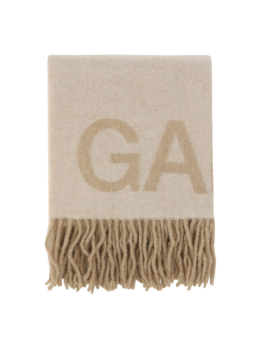 Ganni Logo-Embroidered Wool Scarf — Beige Scarfs