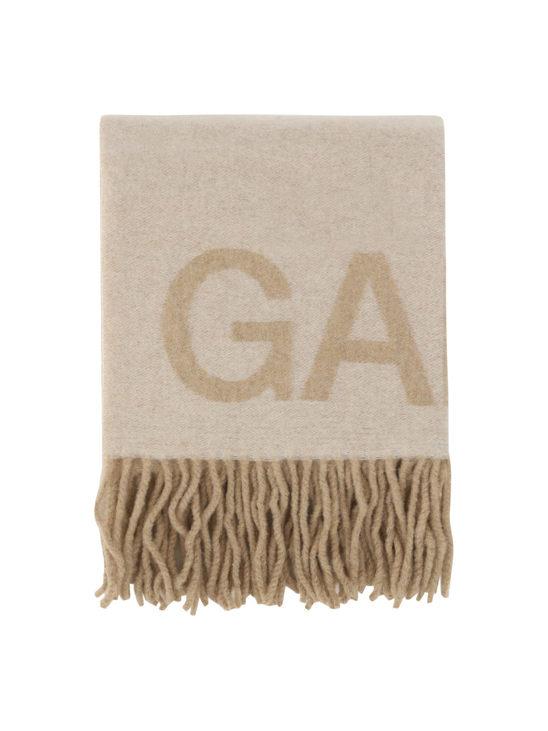 Ganni Wool Blend With Embroidered Logo Scarf — Beige Scarfs