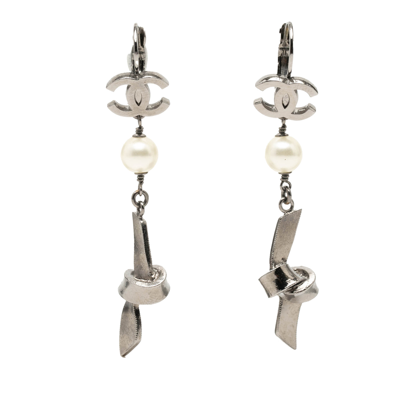 CC Brass Plated Faux Pearl Ribbon Knot Dangle Earrings - Image 1