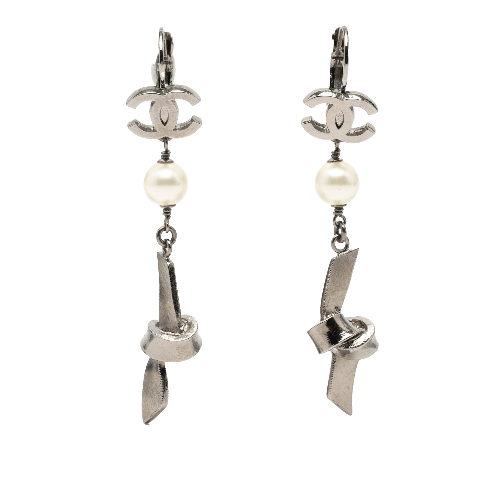 CC Brass Plated Faux Pearl Ribbon Knot Dangle Earrings - Image 1