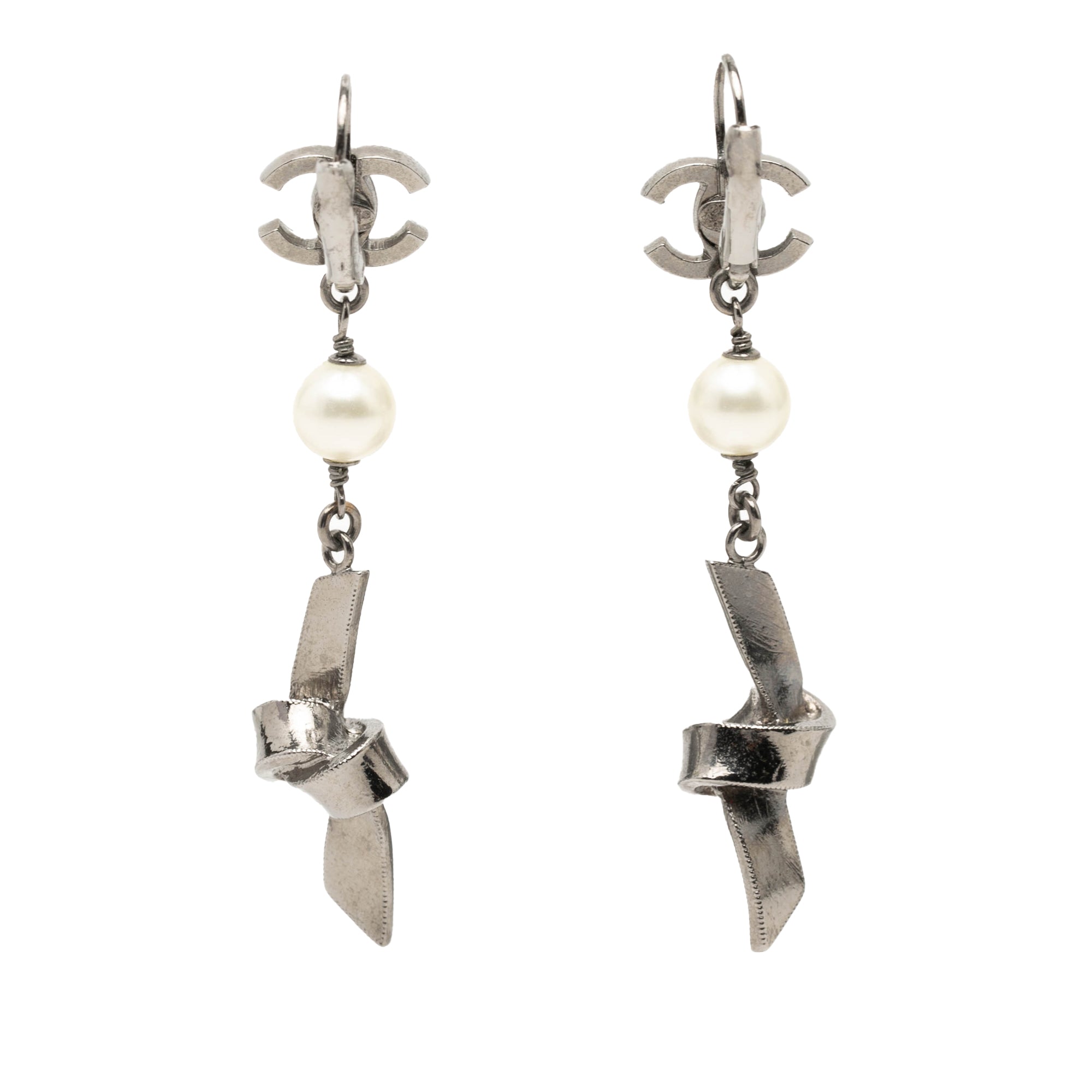 CC Brass Plated Faux Pearl Ribbon Knot Dangle Earrings - Image 2
